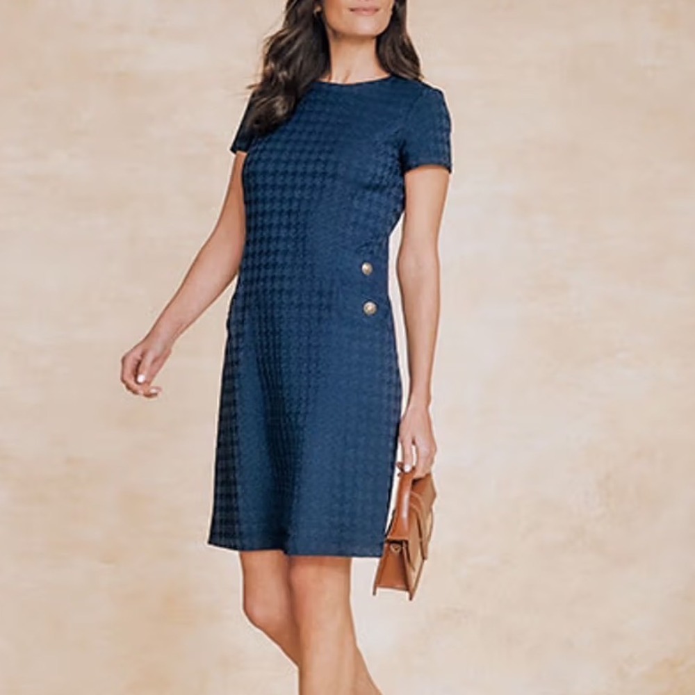 NWOT J.McLaughlin Talese Dress Navy Houndstooth Jacquard Sheath Shift Size Large - Picture 1 of 14